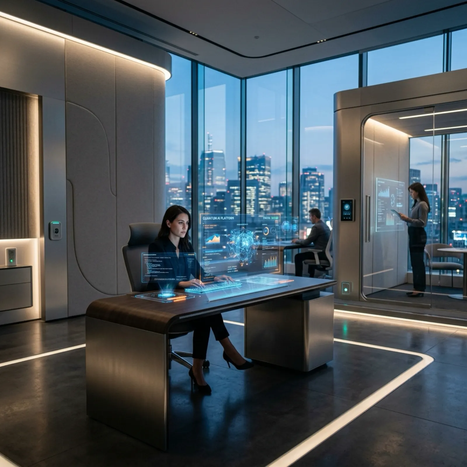 A futuristic private AI workspace with holographic data displays